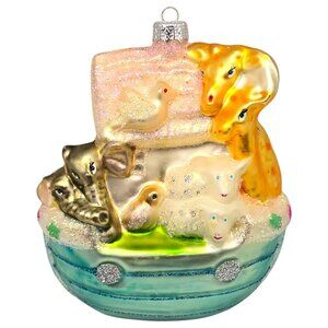 Vtg Noahs Ark Glass Christmas Ornament With Glitter & Animal Details 4"